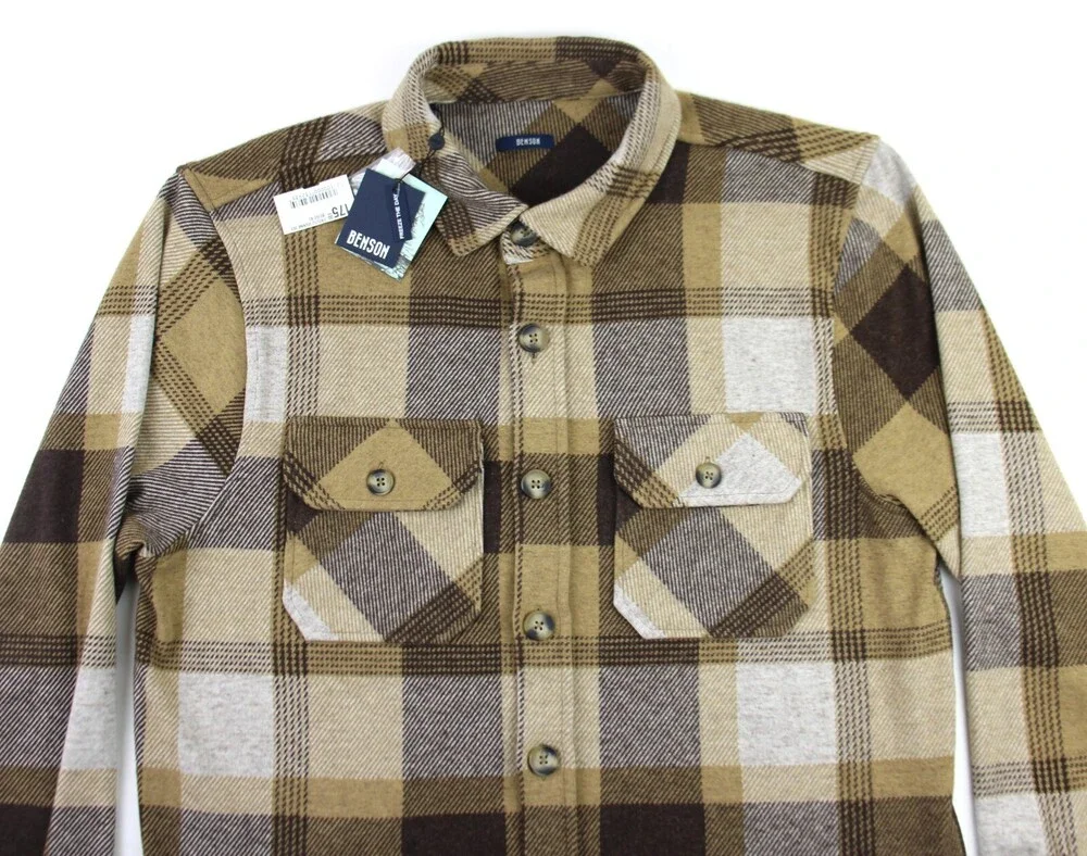 Benson Shirt Mens XL Brown Vienna Plaid Jersey Button Down Overshirt NWT $195